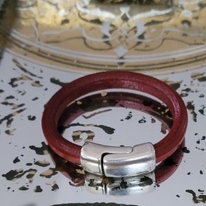 Red leather bracelet silver accents bangles 6.5 regaliz with gift box